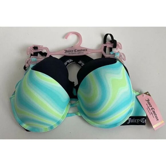 Juicy Couture Sleek & Smooth 2 Pk Bra JC5147 Lined Sz 38C Teal Abstract NWT - Picture 1 of 7
